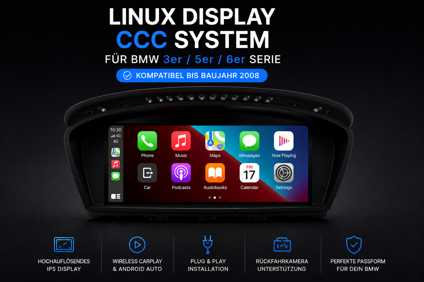 BMW Linux Display CCC System

Wireless Apple CarPlay & Android Auto
Für BMW E90 E91 E92 E93 E60 E61 E63 E64 (2003-2008)