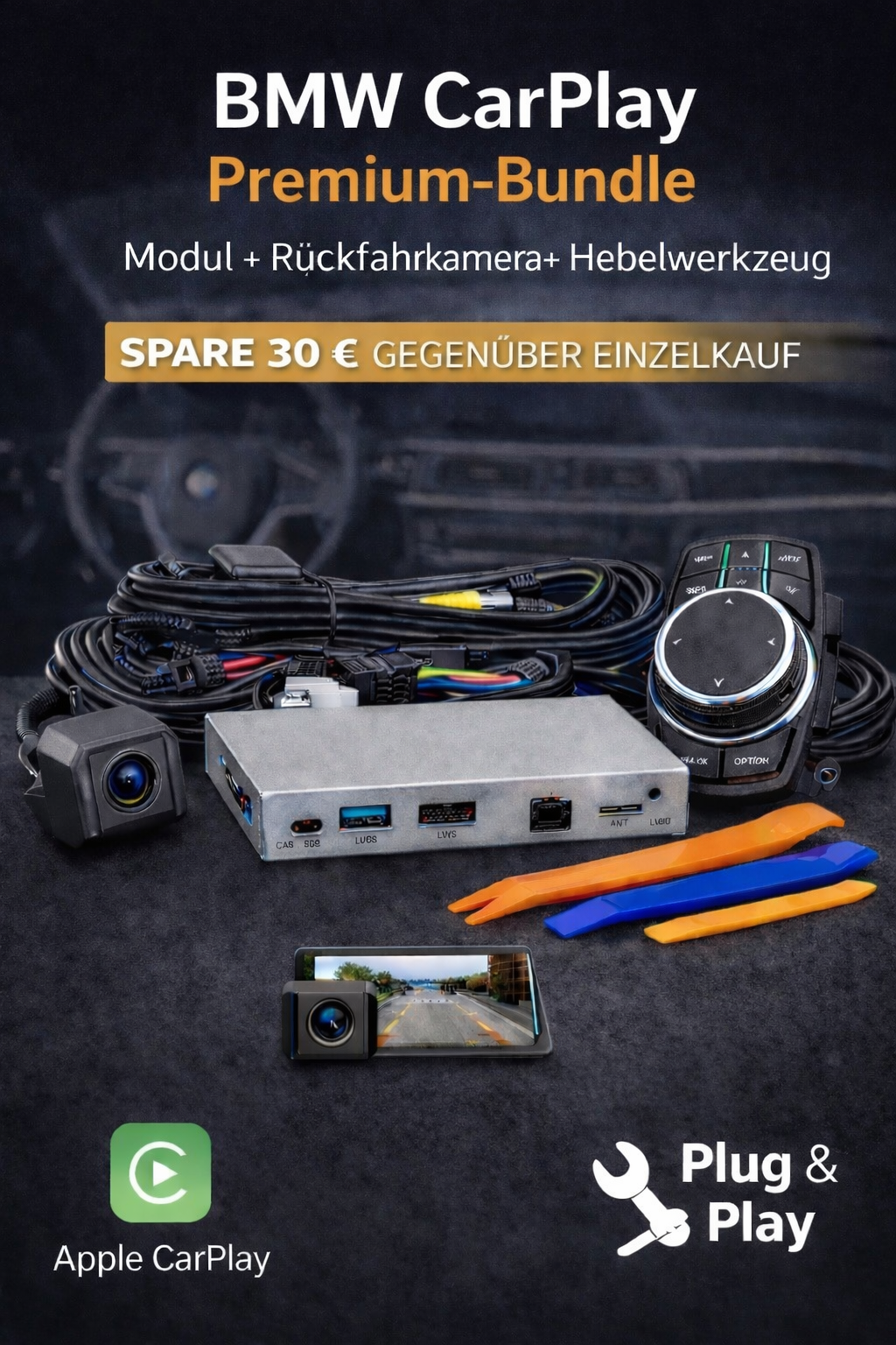 BMW CarPlay Nachrüstung – Premium Bundle inkl. Modul, Hebelwerkzeug & Rückfahrkamera